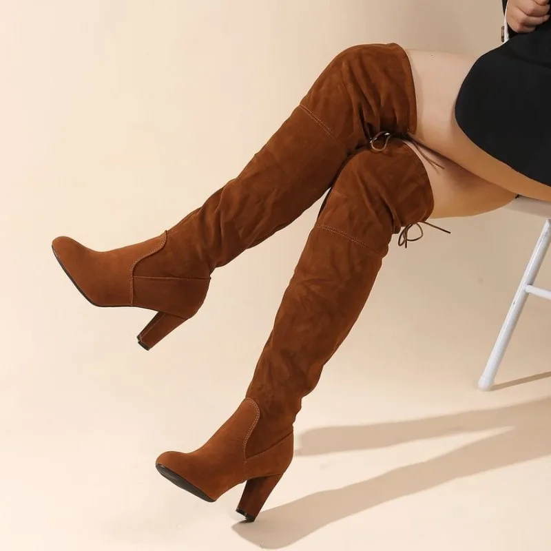 Autumn/Winter Women's Over-Knee Long Boot Fashion High Heel pointed tip suede Boot pleated design outdoors Slim Boots Large Size