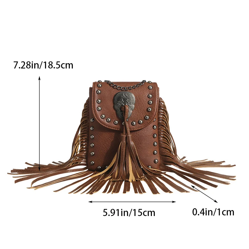 Women\'s Crossbody Bag Vintage Tassel Shoulder Bag For Women Leather Punk Rivet Zipper Wallet Travel