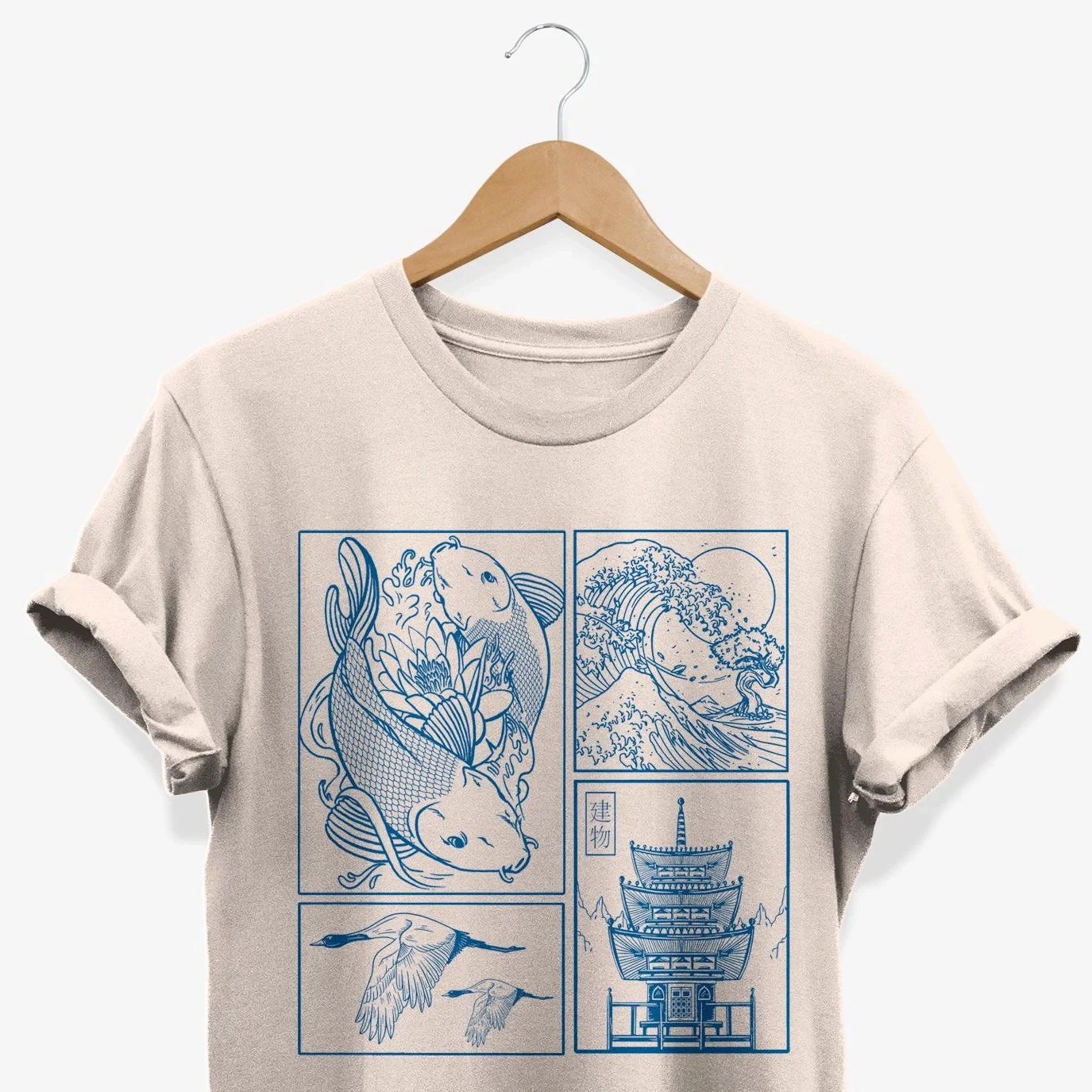 

Винтажная японская футболка с рисунком Koi Wave Pagoda Line Art Ретро уличная одежда Высококачественная мужская футболка с круглым вырезом и короткими рукавами