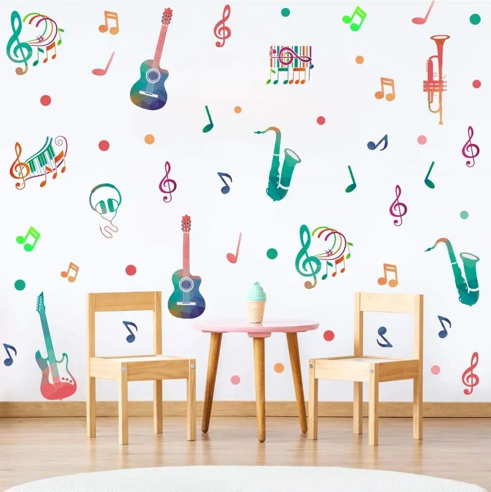 Colorful Music Note Wall Stickers Attractive Musical Note with Saxophone Guitar Wall Decals Classroom Music Studio Decoration