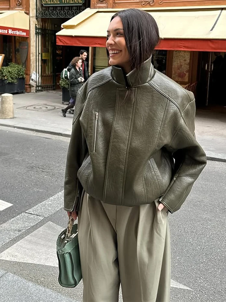 

Women's Solid Vintage Leather Short Jackets Lapel Full Sleeve Zipper Pocket Coat 2025 New Lady Daily Chic High Street Outerwears