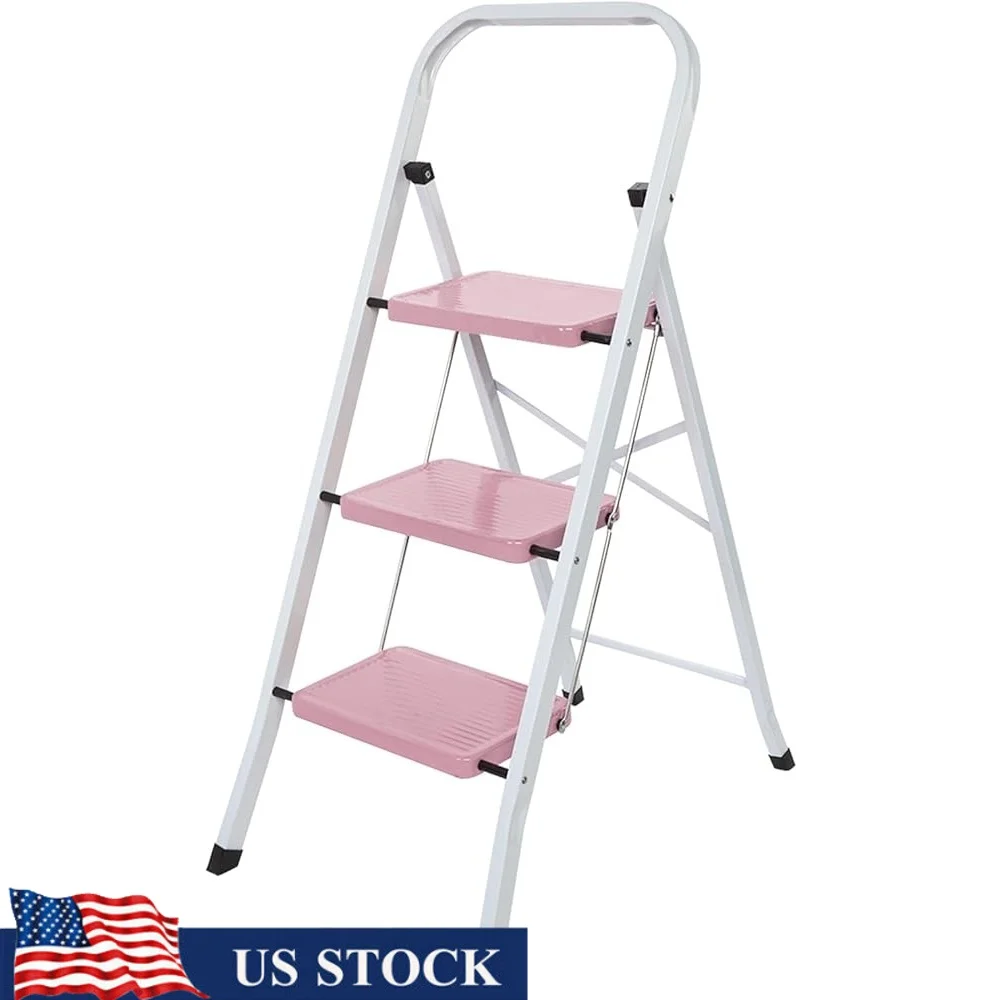 

Lightweight 3 Step Folding Ladder Portable Step Stool with Anti-Slip Safety Handgrip Wide Pedal Home Tasks