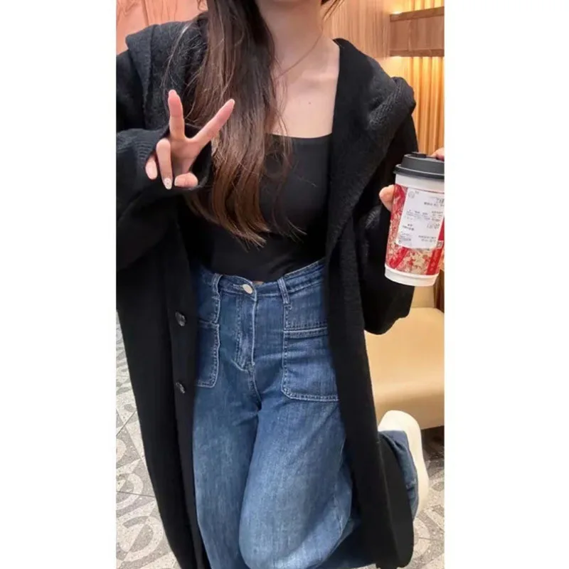 

Lazy Wind Hooded Long Knee Knitted Cardigan Women's Winter Clothing Thickened Loose and Thin Coat