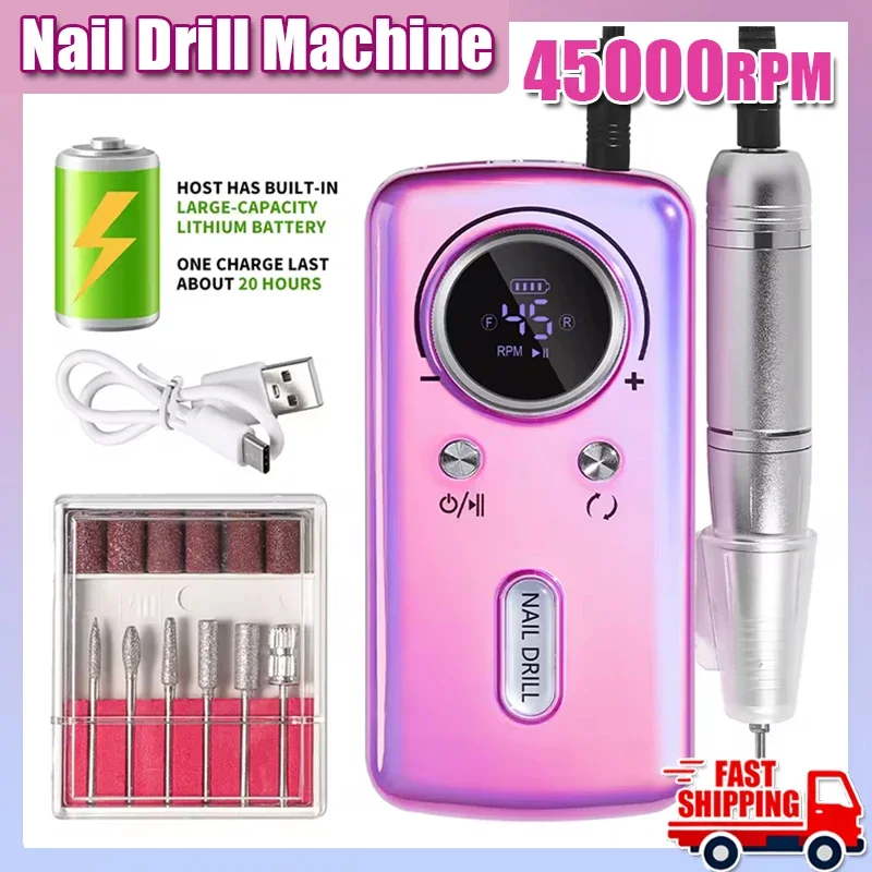 45000RPM Nail Drill Machine Electric Portable Nail File Rechargeable Nail Sander for Gel Nails Polishing For Home Manicure Salon