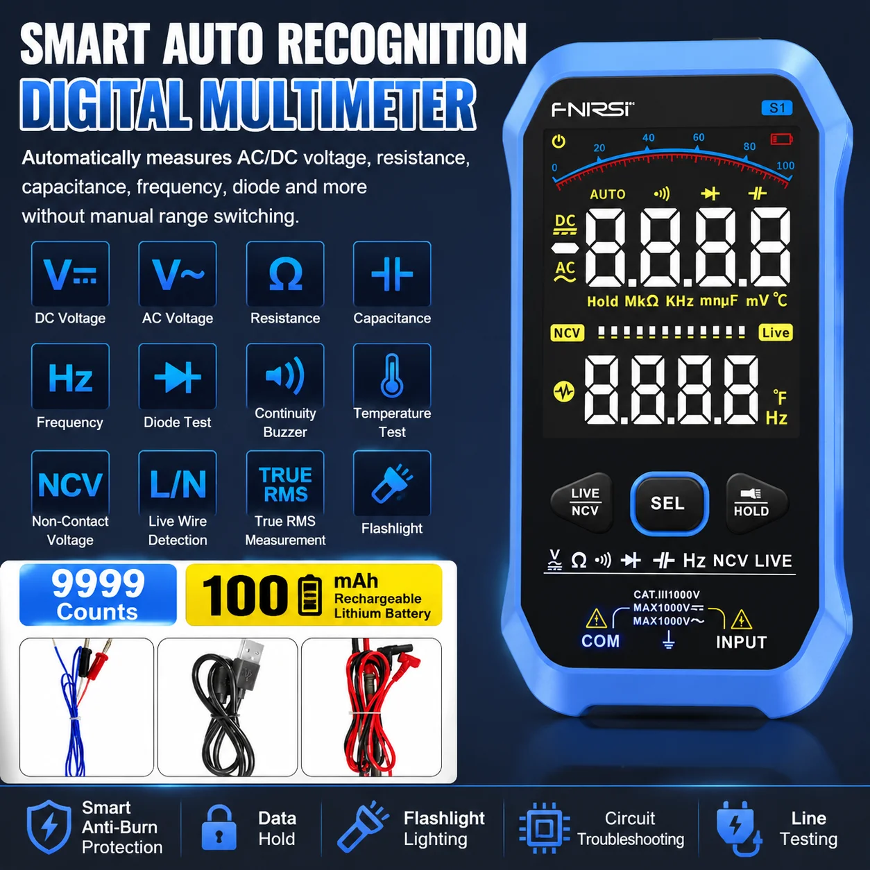 FNIRSI S1 Smart Digital Multimeter 9999 Counts True RMS Auto Range AC DC NCV Capacitance Diode Hz Live Wire Color Display Tester