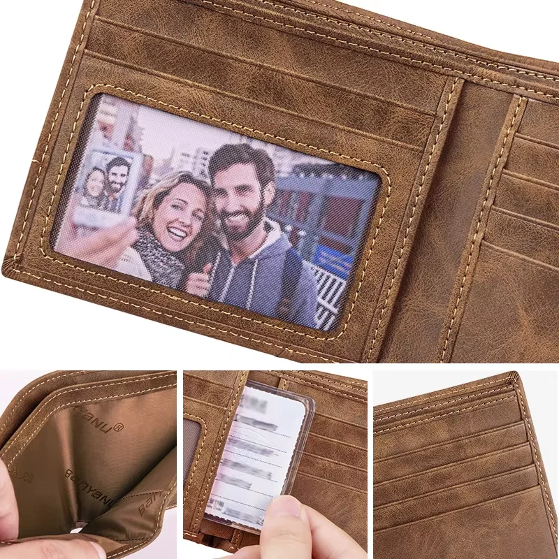 BANYANU Men's Genuine Leather Wallet RFID Anti-Theft Brush Retro Top Layer Cowhide Short Wallets Foreign Trade Bag 2026 High Qua