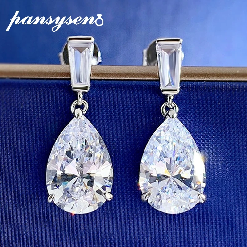 

PANSYSEN 100% 925 Sterling Silver Pear Cut Sparkling Lab Diamond Wedding Engagement Drop Earrings Women Simple Fine Jewelry Gift