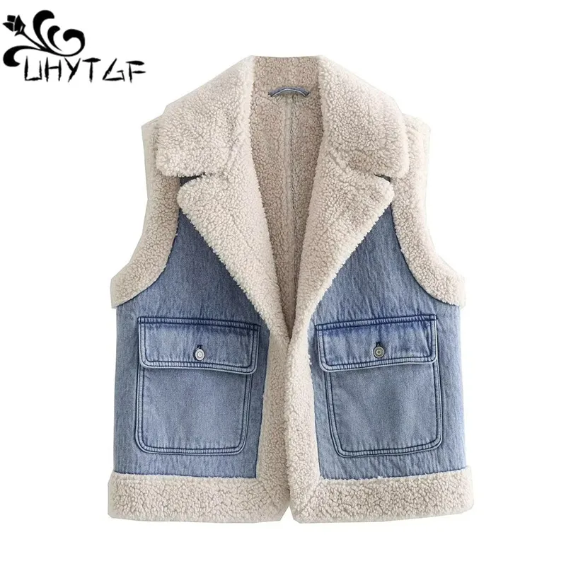 Lambwool Plush Waistcoat Jackets Women Sleeveless Thicken Double Faced Cotton Vest Denim Fabric Patchwork Fur Vests Female 2936