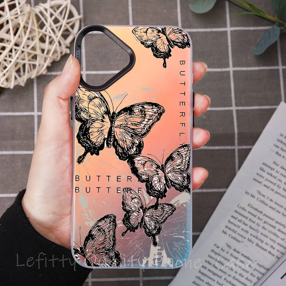 Retro Black Butterfly Fashion Phone Case For IPhone 17 16 15 14 13 12 11 Plus Pro Max Multicolor Aurora Laser Shockproof Funda