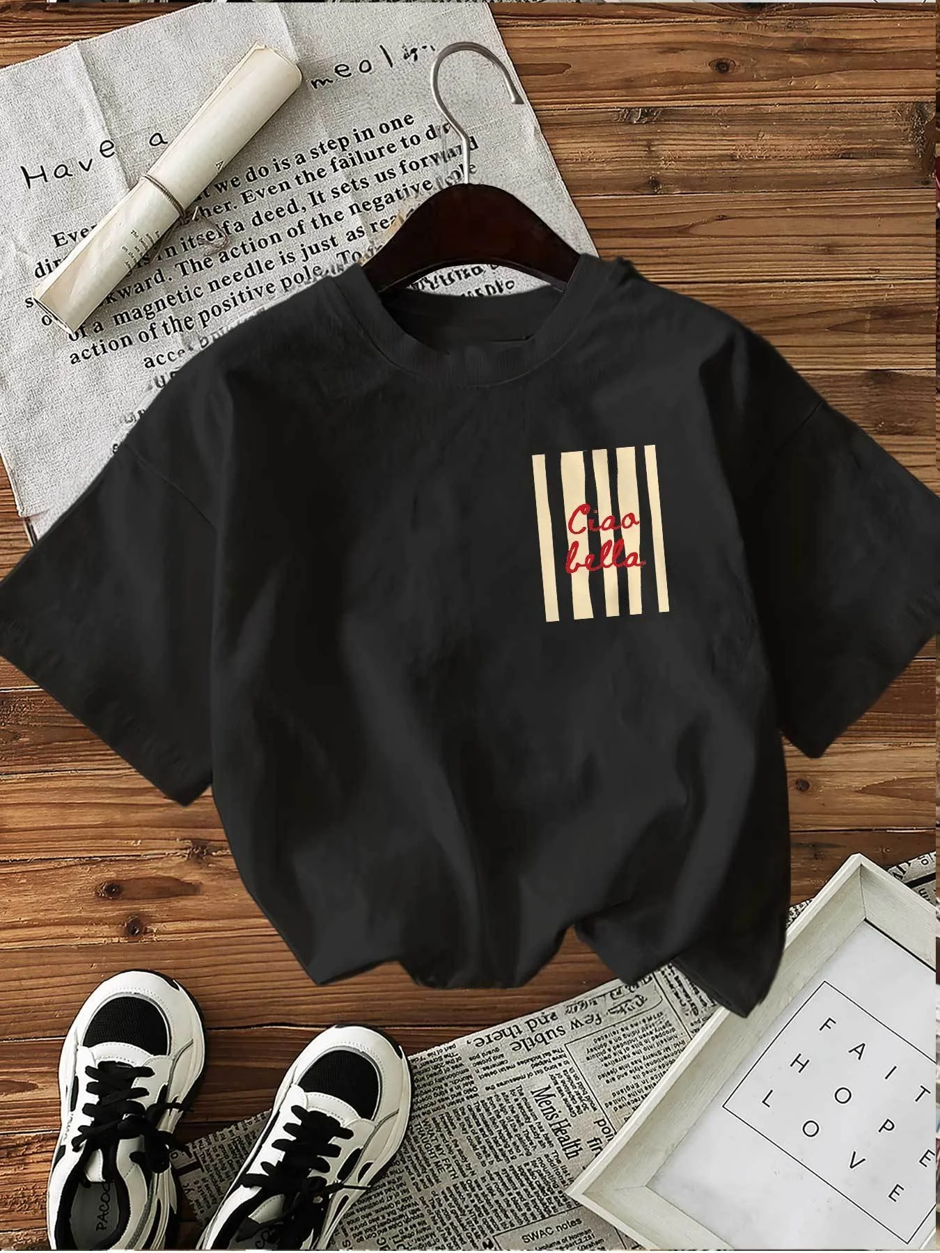 Summer Women'S Simple Striped Ciao Bella Print Crew Neck Short-Sleeve T-Shirt Harajuku Short Sleeve Casual Aesthetic Clothes