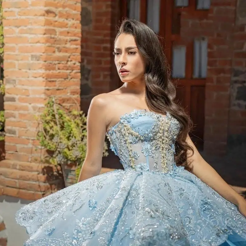 Sky Blue Sweetheart Quinceanera Dress Off Shoulder Princess Prom Ball Gown Sweet 16 XV Years Old Beads Lace Birthday Pageant