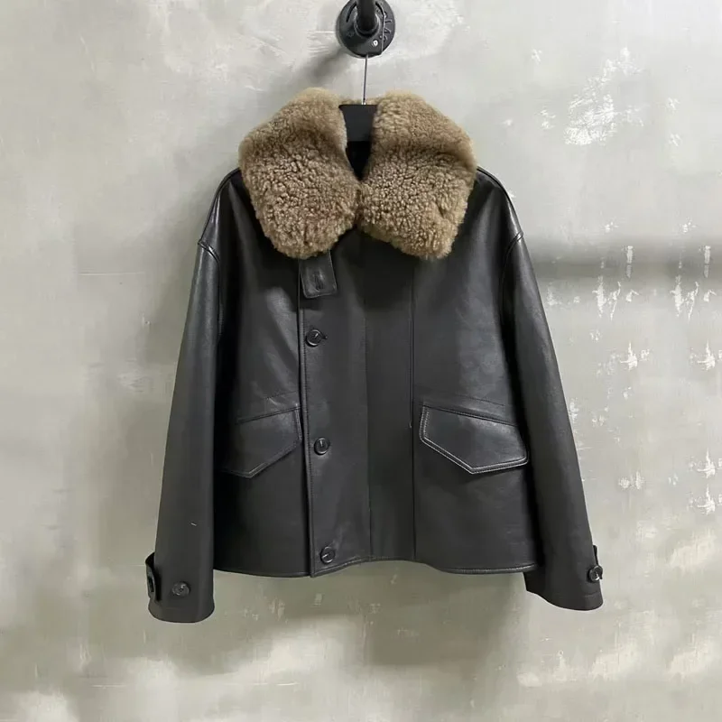 Lnner algodão grosso quente turn-down colarinho roupas com gola de lã real comprimento curto moda de luxo