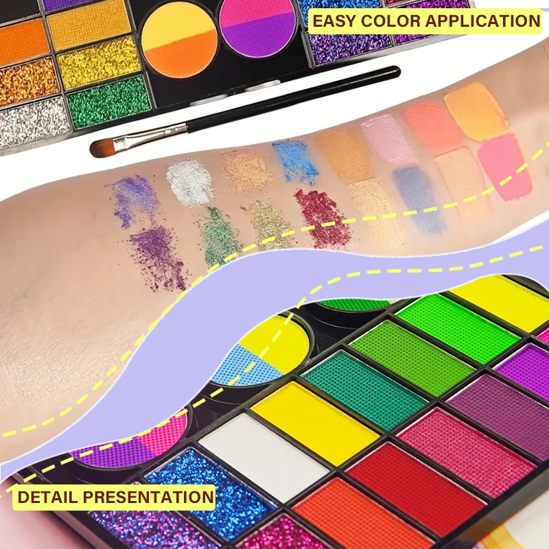 لوحة ألوان طلاء الوجه الفلورسنت مكونة من 44 لونًا - مجموعة لوحة طلاء الوجه والجسم المائية غير اللامعة واللامعة للمهرجانات #3