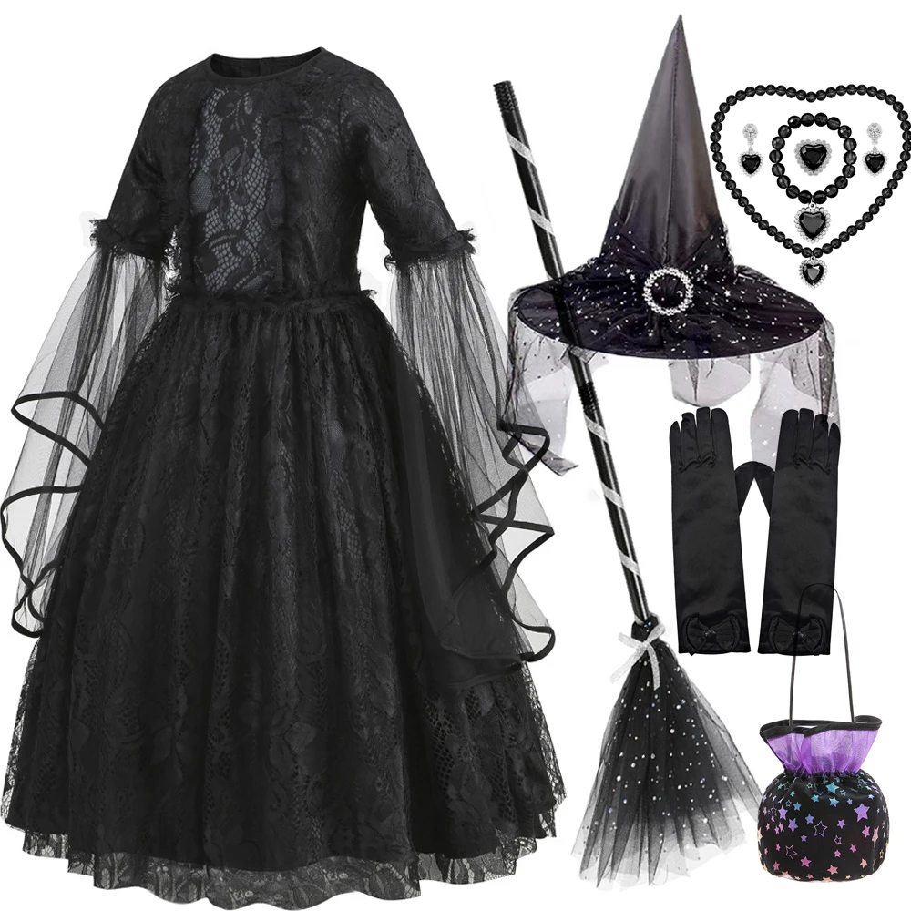 Girls Black Gothic Lace Long Dress Kids Long Sleeve Witch Vampire Costume for Halloween Cosplay Theme Party