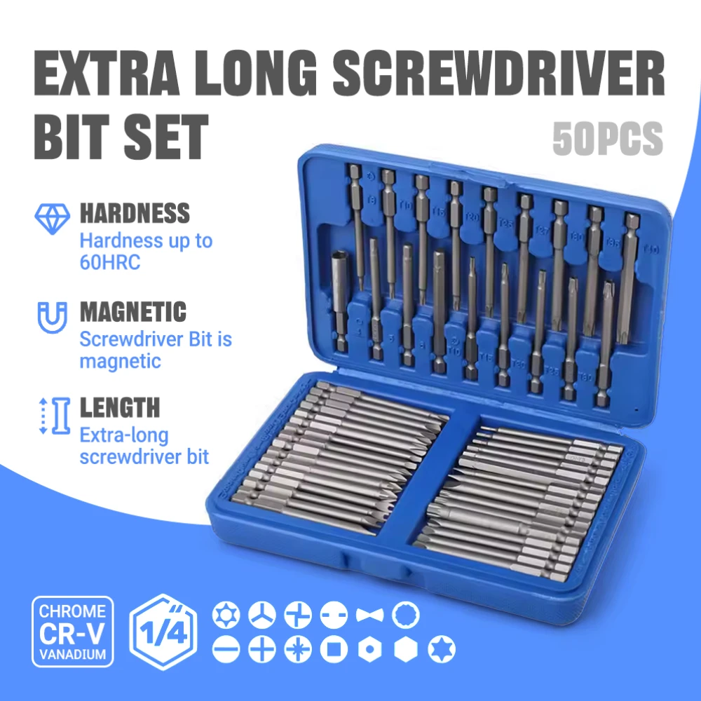 

Professional 50-in-1 Screwdriver Bit Set Extra Long 75mm with Hard CR-V Magnetic Tips for Electronics Repair & Home Maintenance
