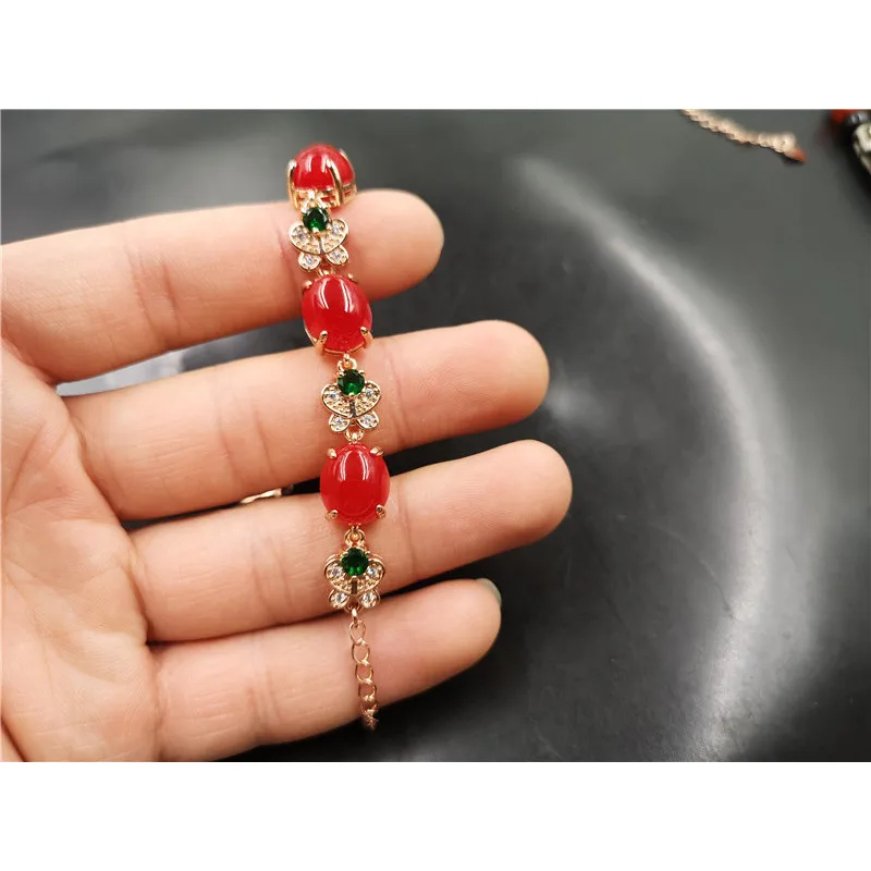 Inlaid Red Women, Green Agate Bracelet, Vintage Ethnic Style 3