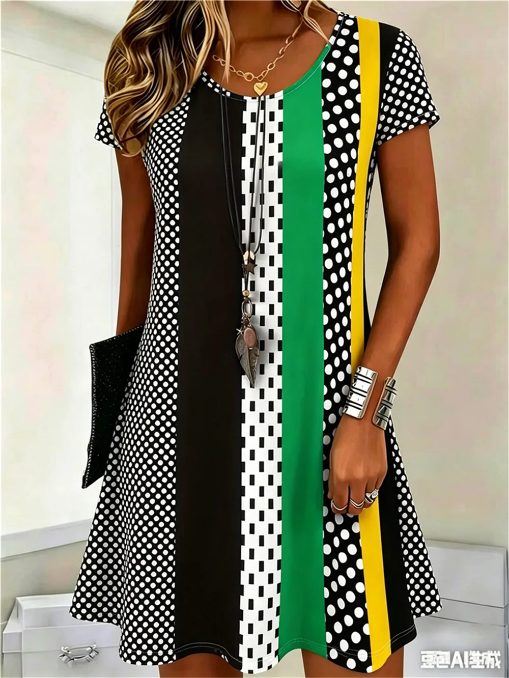 Women Fashion Striped And Dot Pattern Mini Dresses Summer Short Sleeve 3d Printed Ladies Street Dress 3XL Plus Size Casual Dress