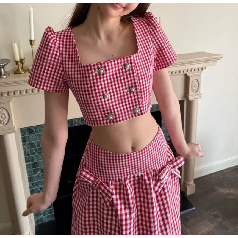 Girly Sweet Bow Plaid Suit Short Open-button Double-breasted Square-neck Top Vacation Skirt