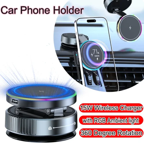 Imagen 2 del producto Soporte de vacío giratorio de 360 grados para coche, carga inalámbrica de 15W, soporte magnético para teléfono al vacío para Iphone, Samsung, Xiaomi