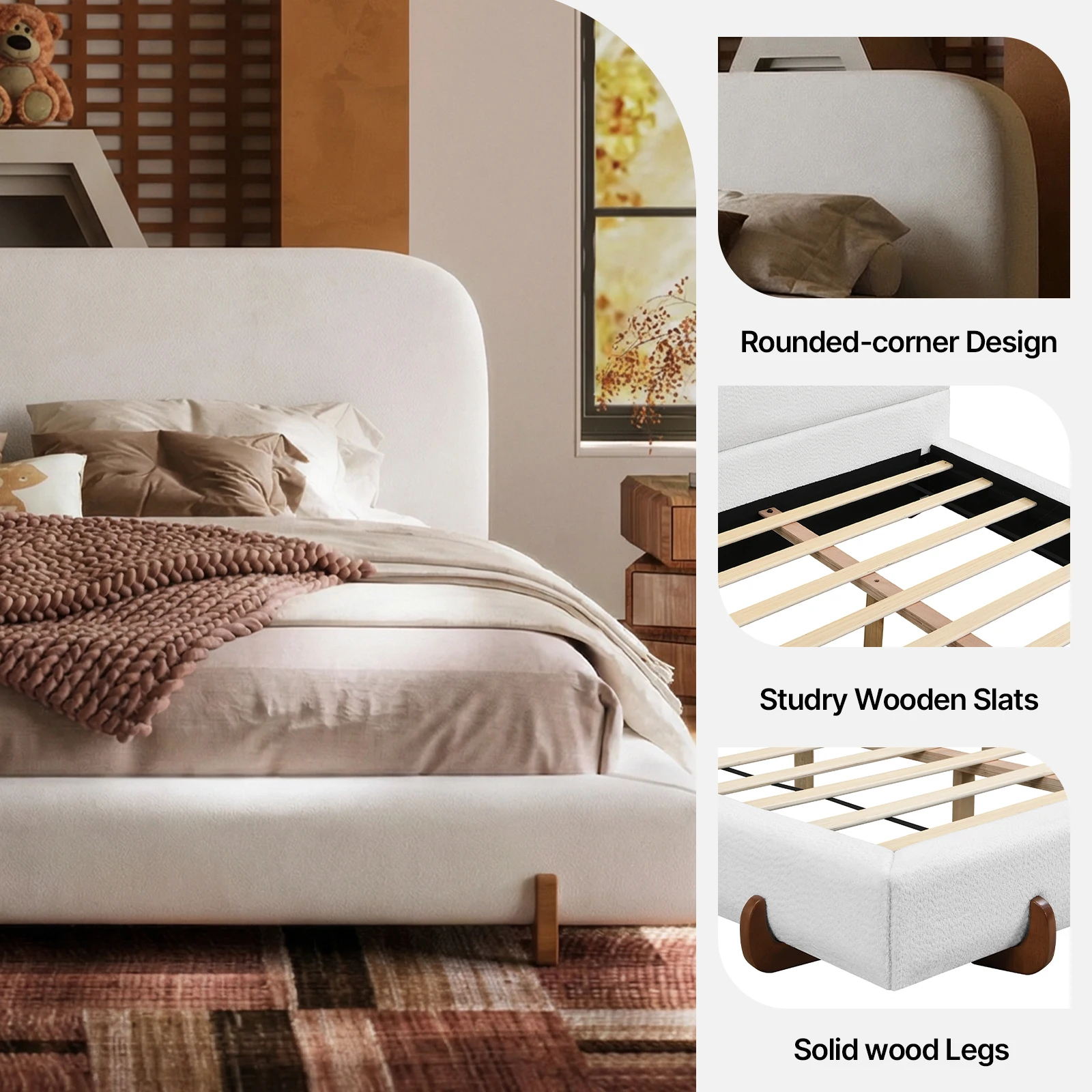 King Size Cloud Bed Frame, White Upholstered Platform Bed Frame with Soft Headboard, Wood Solid Legs, No Box Spring Required, Easy Assembly - view 5