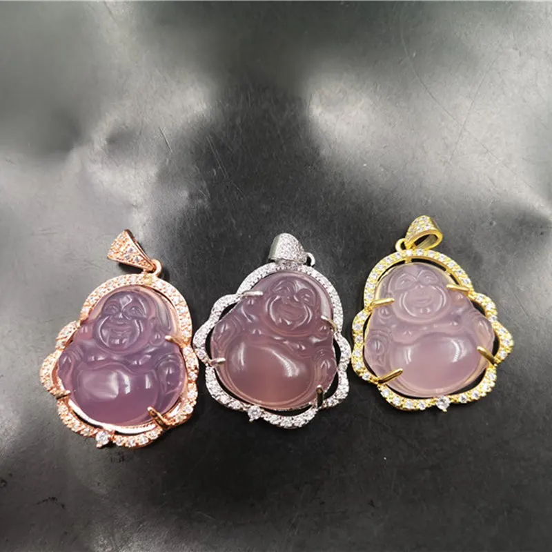 Chalcedony Maitreya Pendant, A Luxurious Piece Featuring A Large, Round Buddha Inlaid With Pink Agate