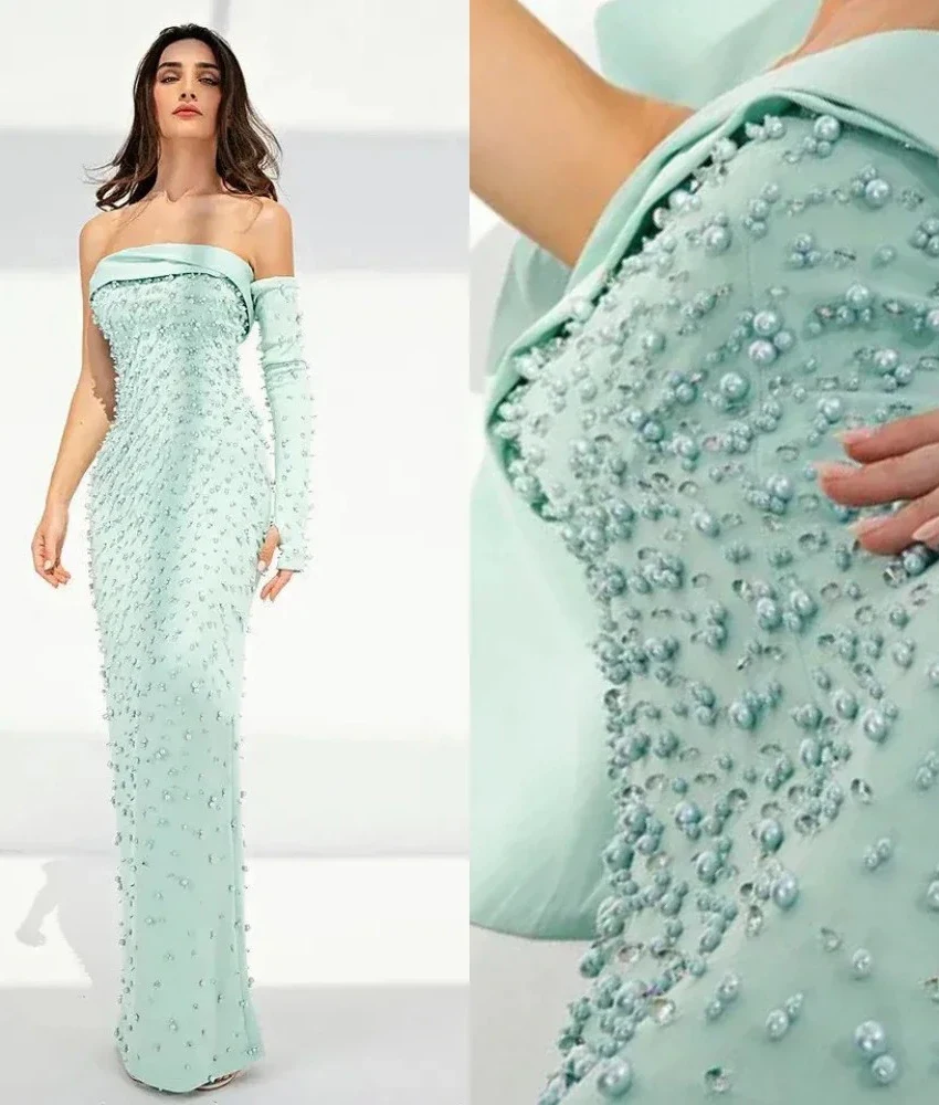 

MCDV Customized Exquisite Jersey Straight Detachable Sleeve Pearls Beading Sequined Evening Dress High Quality Prom Gowns