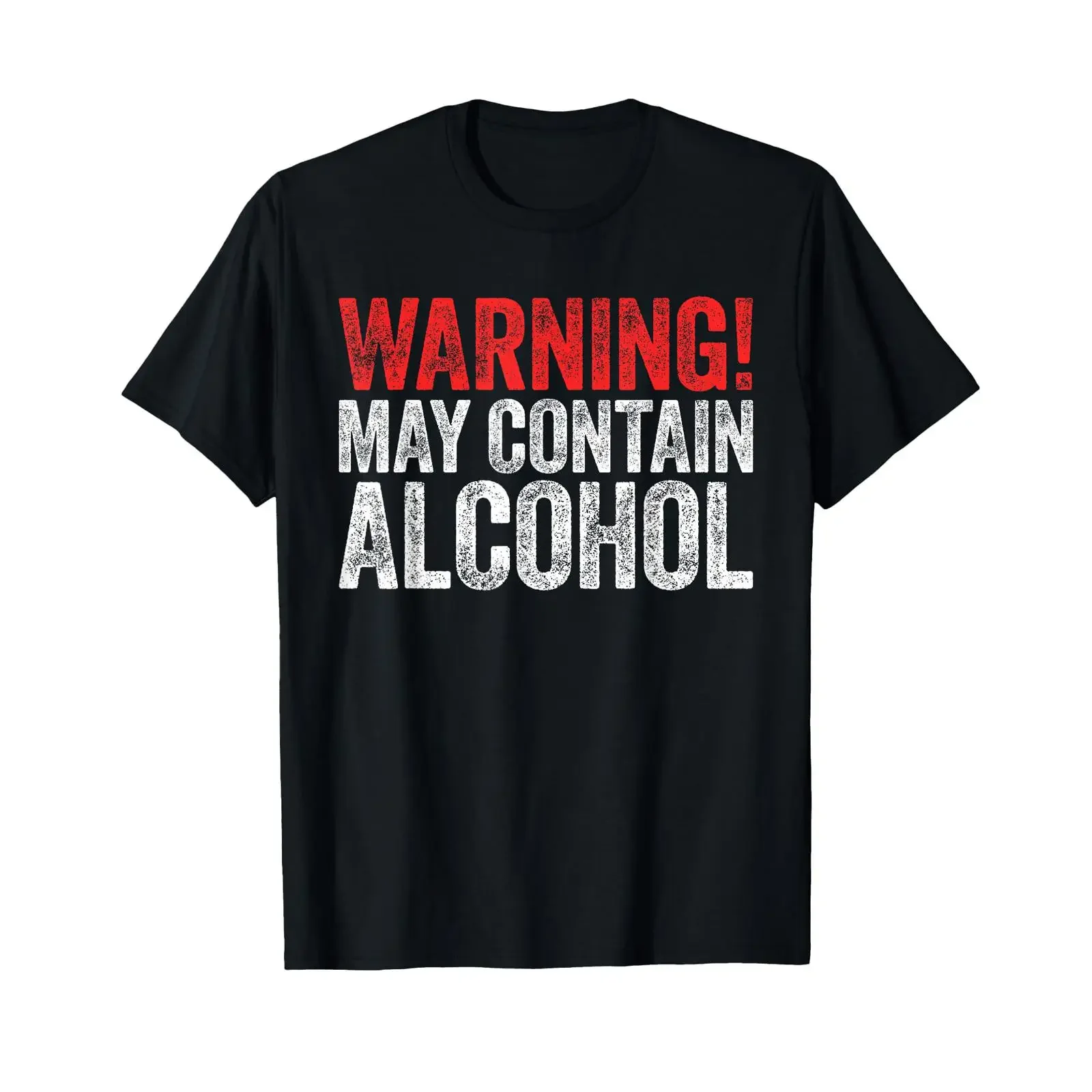 Achtung: Kann Alkohol enthalten. Lustiges T-Shirt für Männer und Frauen, das beim Trinken von Getränken getragen wird. Vintage-Look, gewaschene Oberbekleidung für den Alltag, Designerkleidung.