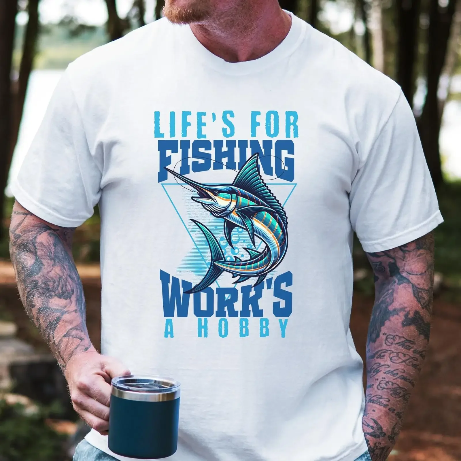 Life's For Fishing Work's A Hobby Marlin T Shirt Funny Quote Men vintage Washed Comfortable Unisex Soft Versatile Breathable