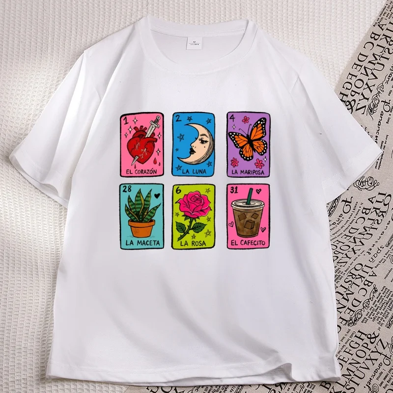 Latina Loteria Graphic Tee Chicana Art Print T-shirt Cotton Short Sleeve Printed Tshirts Casual Round Neck Tshirts Clothing