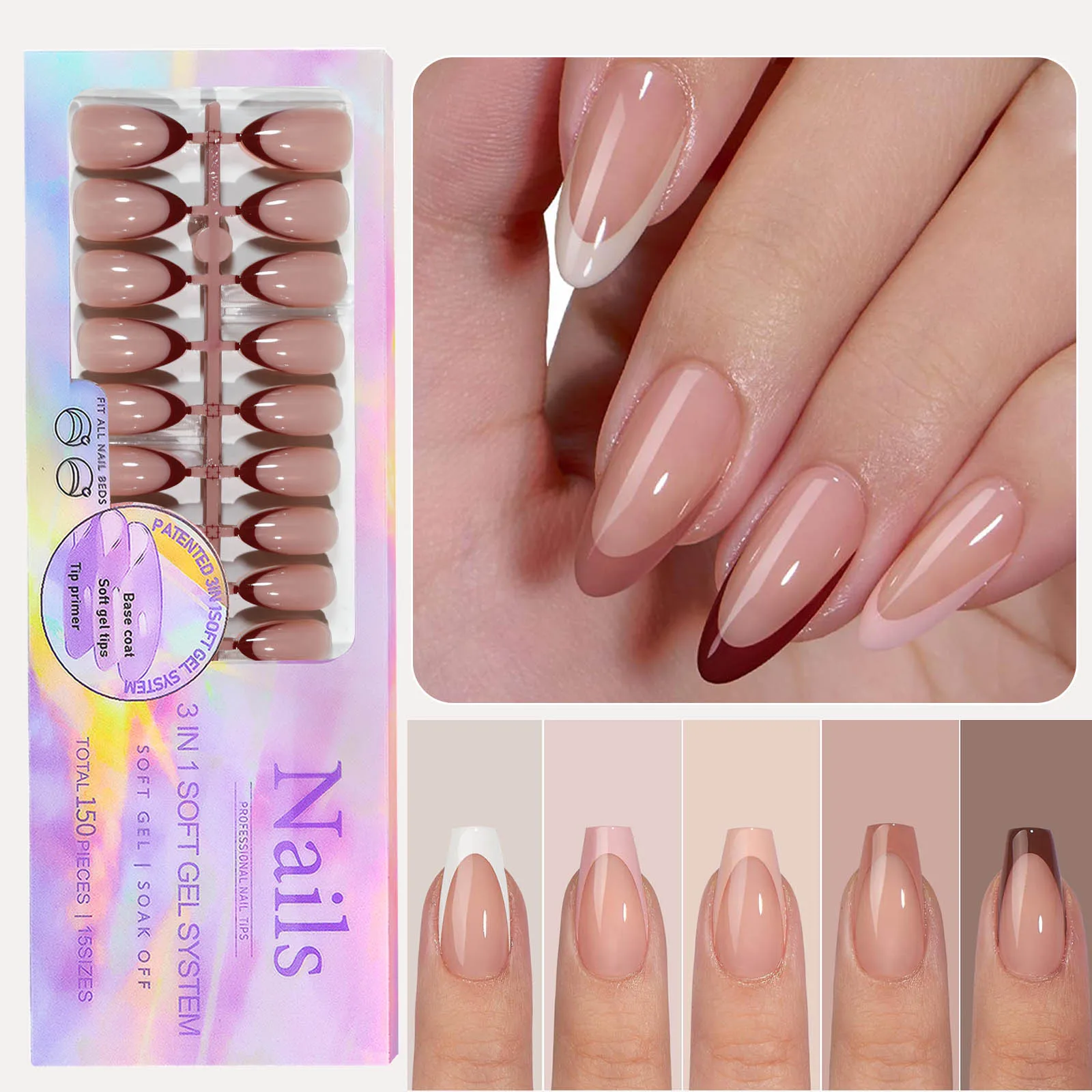 150pcs 6 Colors Fake Nail Multi-size False Nail Press On Acrylic Nails Almond French Wearing Armor Removable Convenient