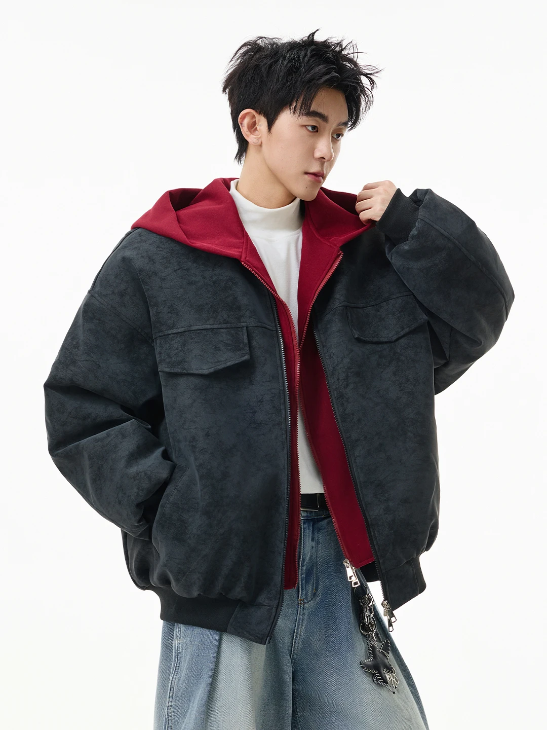 

American Sle Men's Thiened PU Leather Cotton Jaet with Hood Winter Warm Workwear Coat Youth ular Loose Fit Polyester...