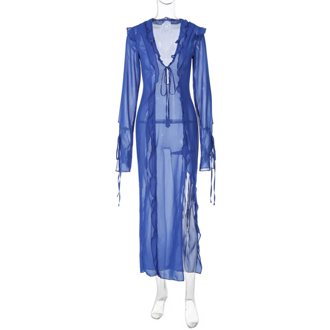 Langes Kleid mit tiefem V-Ausschnitt und hohem Schlitz, Rüschen, Strand-Cover-Up, Bikini-Cover-Up, Strandkleid, Strandmode, Damen V4440 – Detail 14