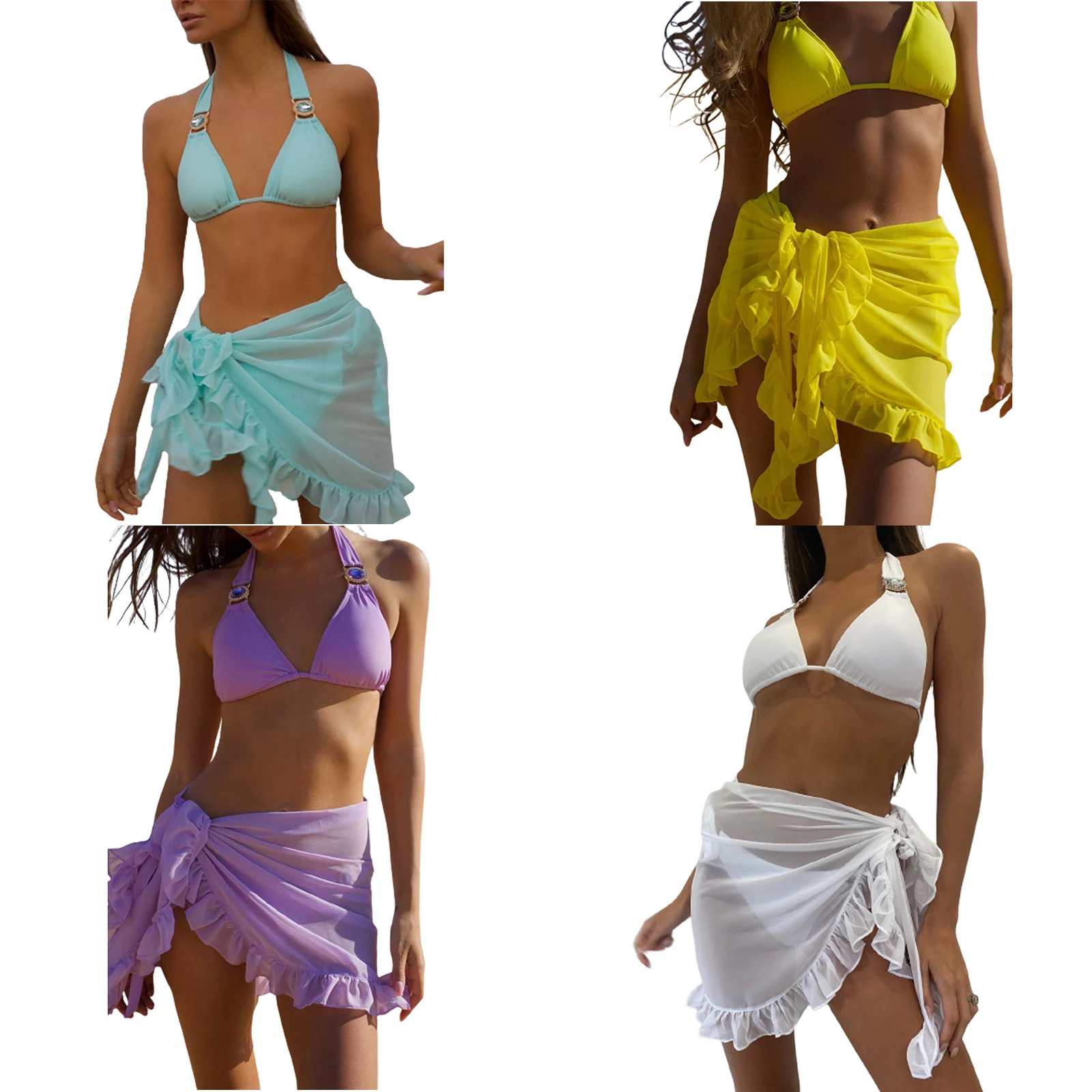 Envoltório de praia sarong feminino, saia de biquíni pura plissada, capas de maiô chiffon para moda praia, moda verão, 2024