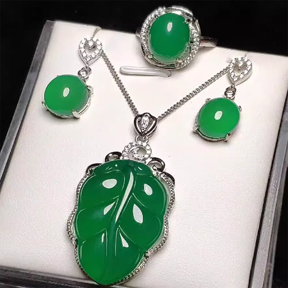 Natural Emperor Green Jade Marrow Tree Leaf Sun Green Pendant Ring Earring Set