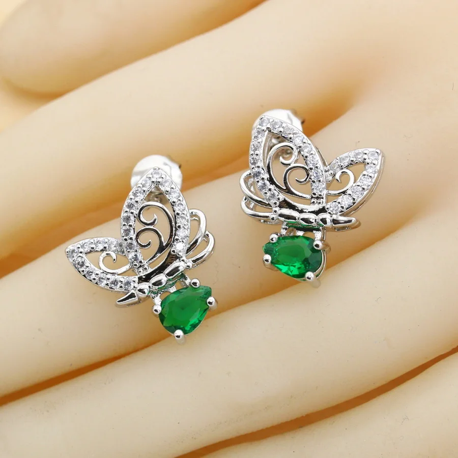 Classic Green Crystal Silver 925 Jewelry Sets Bridal Earrings For Women Zirconia Ring Pendant Necklace Set Wedding Jewelry Gift