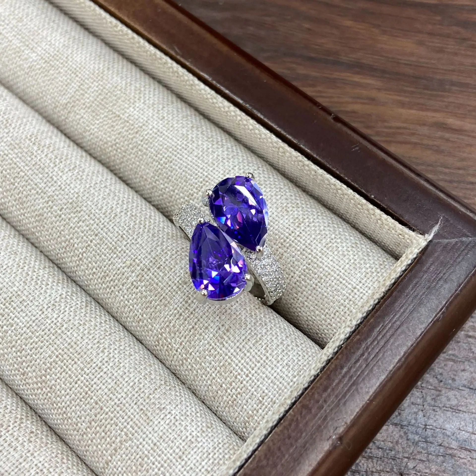 

New Design Double Marquise Cut Zircon Purple Open Ring Simple Elegant Light Luxury Women's Finger Ring