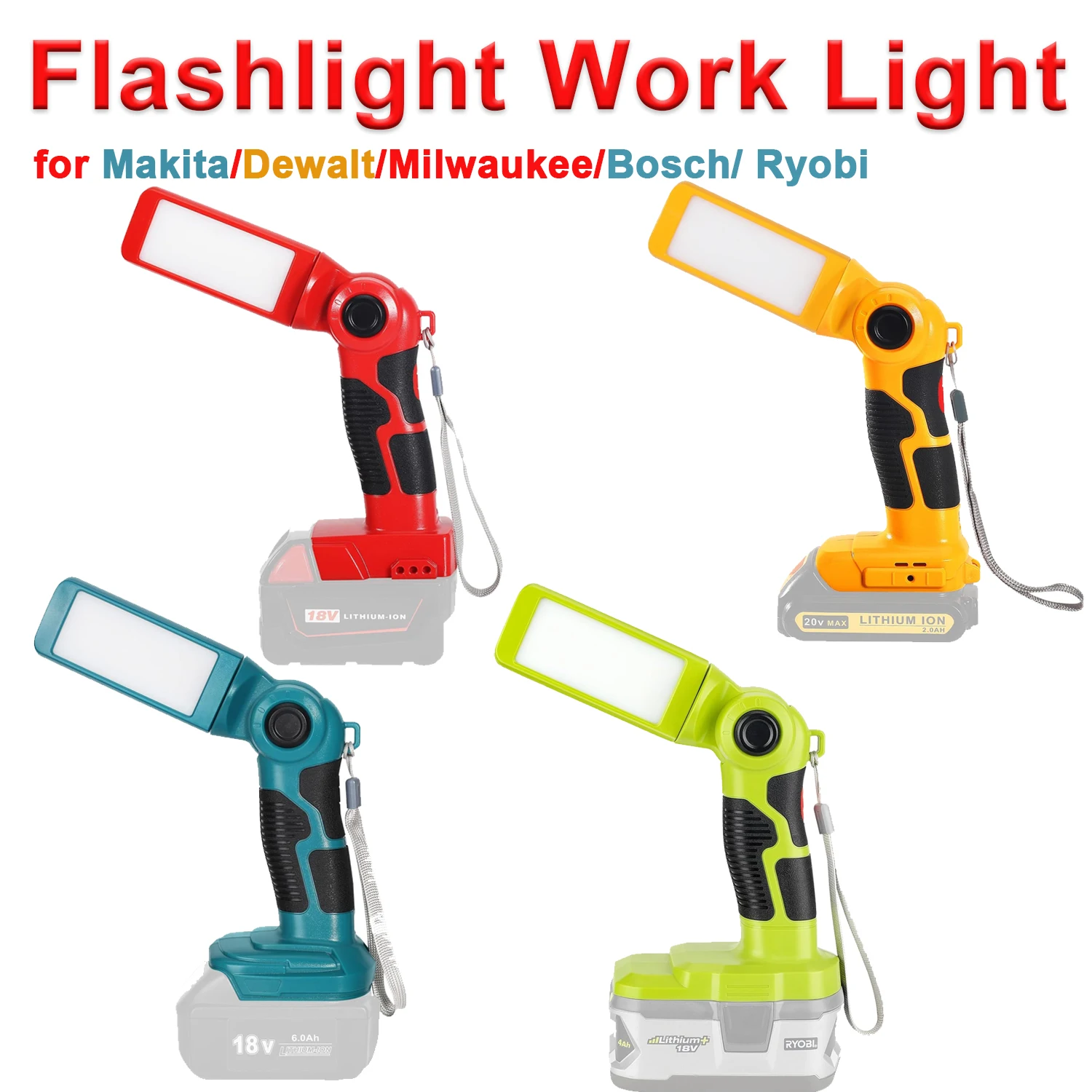 

12W 1000LM LED Work Light for Makita/Bosch/Milwaukee/Dewalt/Ryobi 18V Battery USB 5V2.1A 90° Pivoting Head Jobsite Flashlight