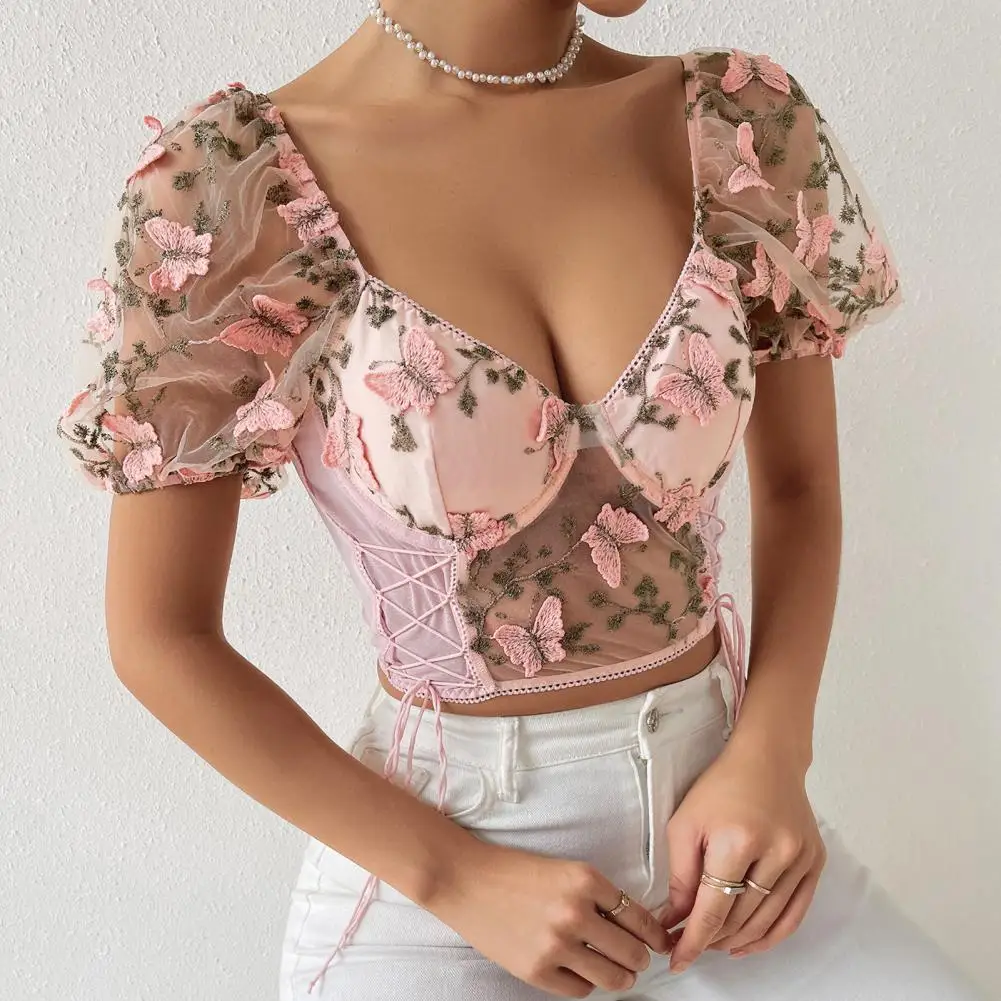 Stretchy Women T-shirt Stylish Mesh Splicing Embroidery Flower Pattern Women's Cropped Tops with Side Drawstring for Women