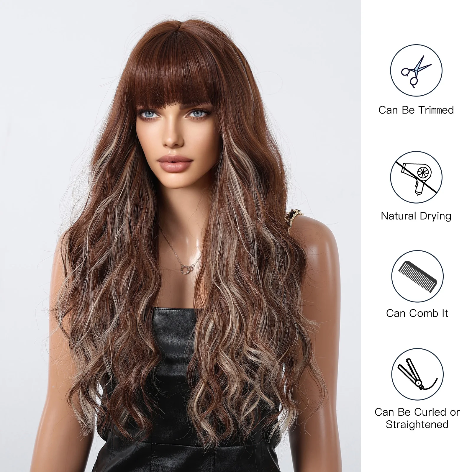 شعر مستعار طويل بني طبيعي كبير مموج مع غرة أشقر يسلط الضوء على شعر مستعار مموج للنساء شعر مستعار اصطناعي يومي بدرجة حرارة عالية #3