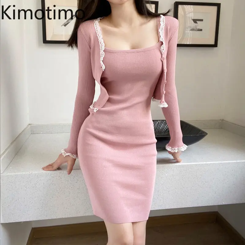 Kimotimo Knitted Suits Women Elegant Lace V Neck Long Sleeve Cardigan Sexy Spaghetti Strap Slim Y2k Short Dress Two Piece Sets