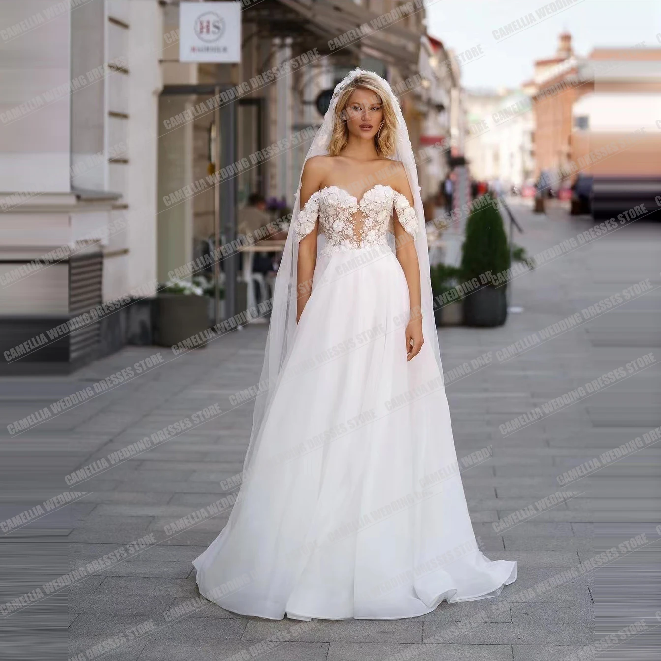 

Boho Elegant A Line Wedding Dresses For Women Sweetheart Off The Shoulder Sexy Lace 3D Flower Applique Formal Party Bridal Gowns