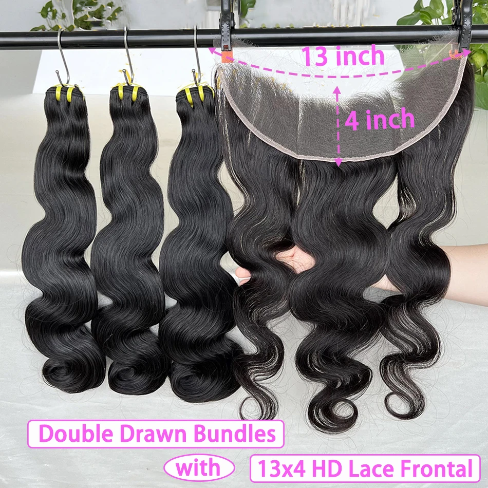 Body Wave Double Drawn Human Hair Bundles With 4x4 5x5 13x4 HD Lace Closure Frontal Natural Hair Weaving Extensions For Women