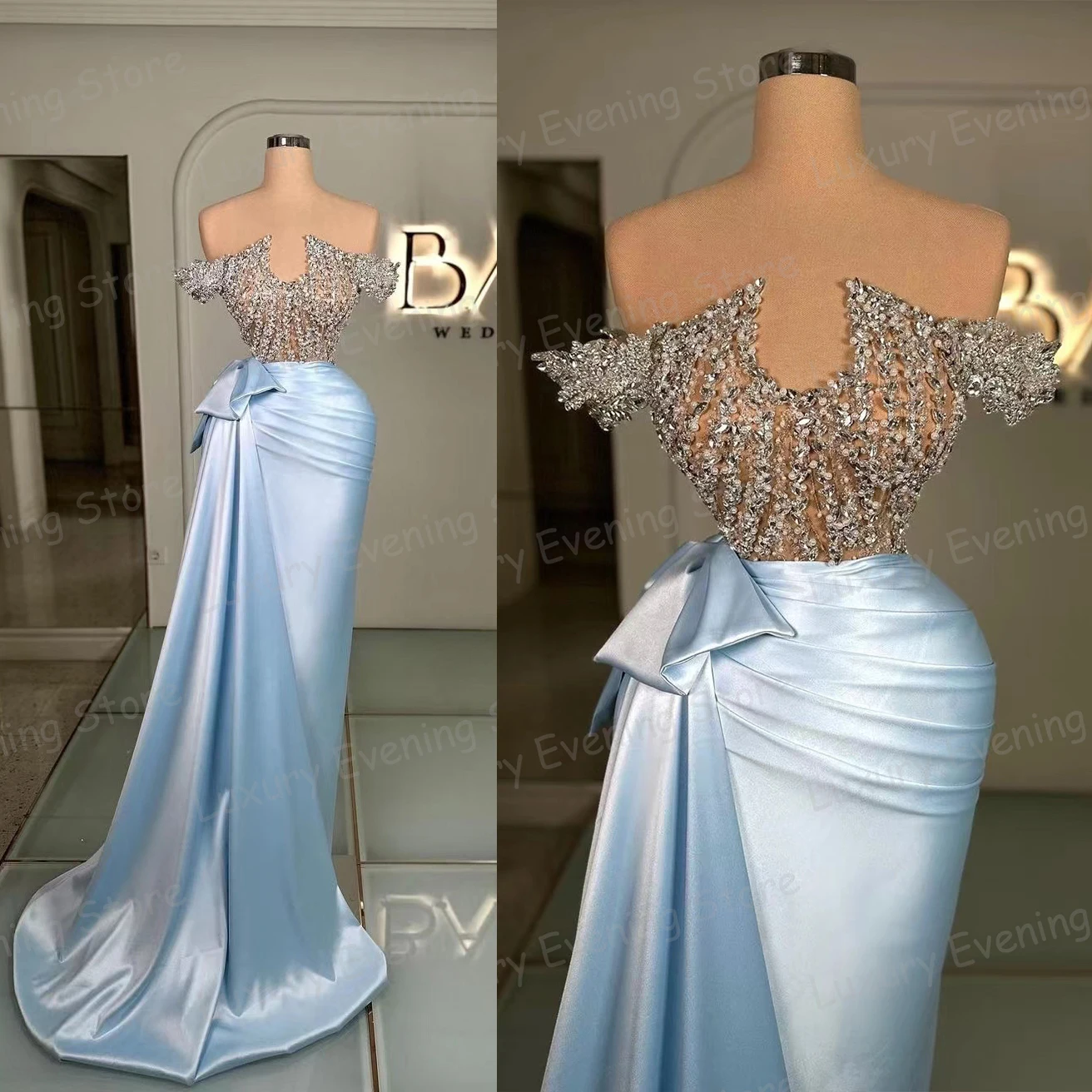 

Sparkle Blue Satin Prom Dresses Mermaid Women's Sexy Appliques Evening Party Gowns Sheer Neck Sleeveless Fashion Robes De Soirée