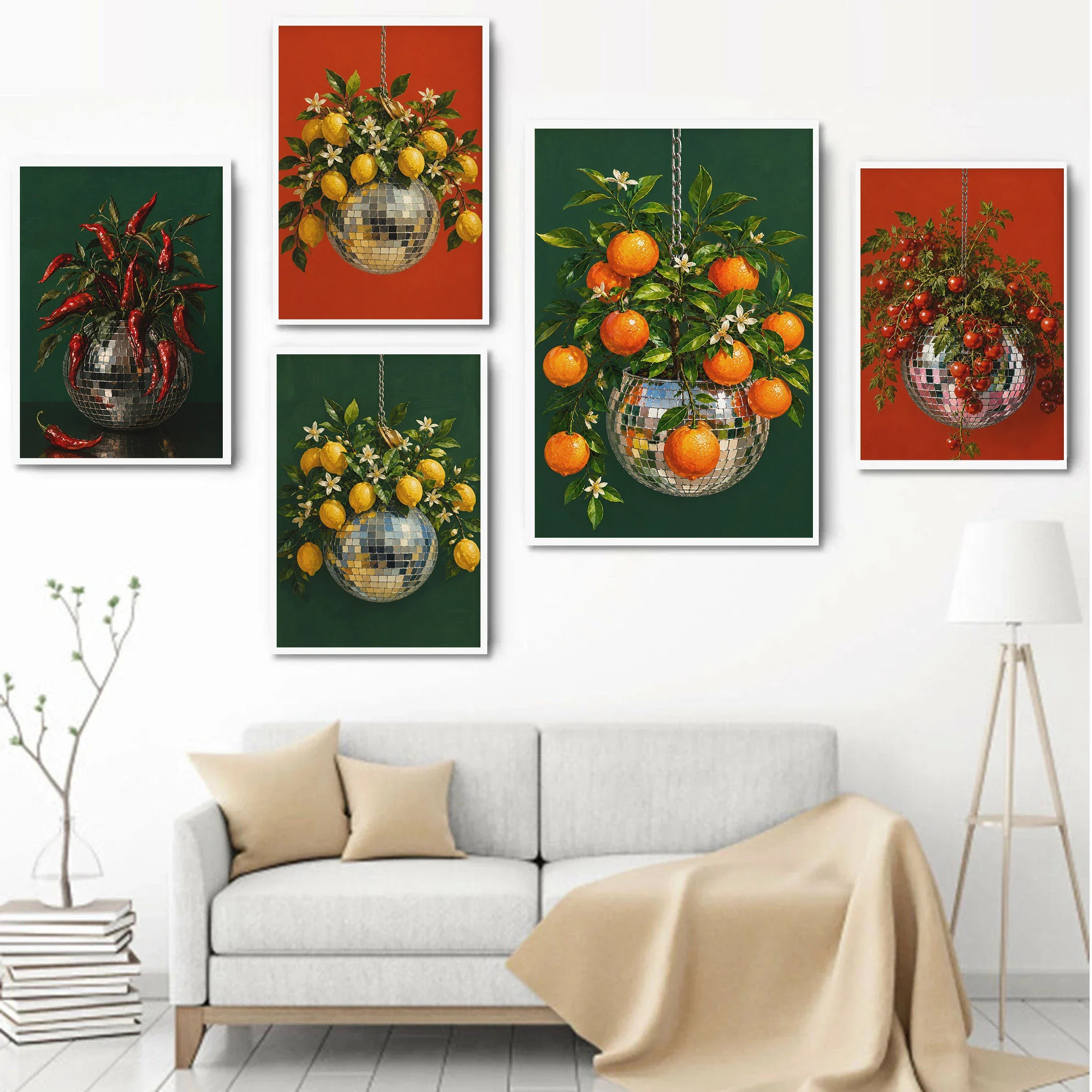 Multiple sizes 1pc frameless Canvas Painting,Modern Botanical Disco Ball Kitchen Posters Lemon Tree Cherry Tomato Prints Canvas