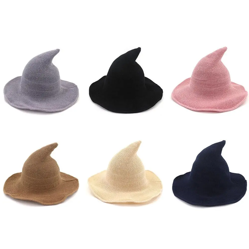 Wacky Witch Design Halloween Witch Hat Solid Color Warm Cap Long Point Hat Foldable Wool Magical Hat Women