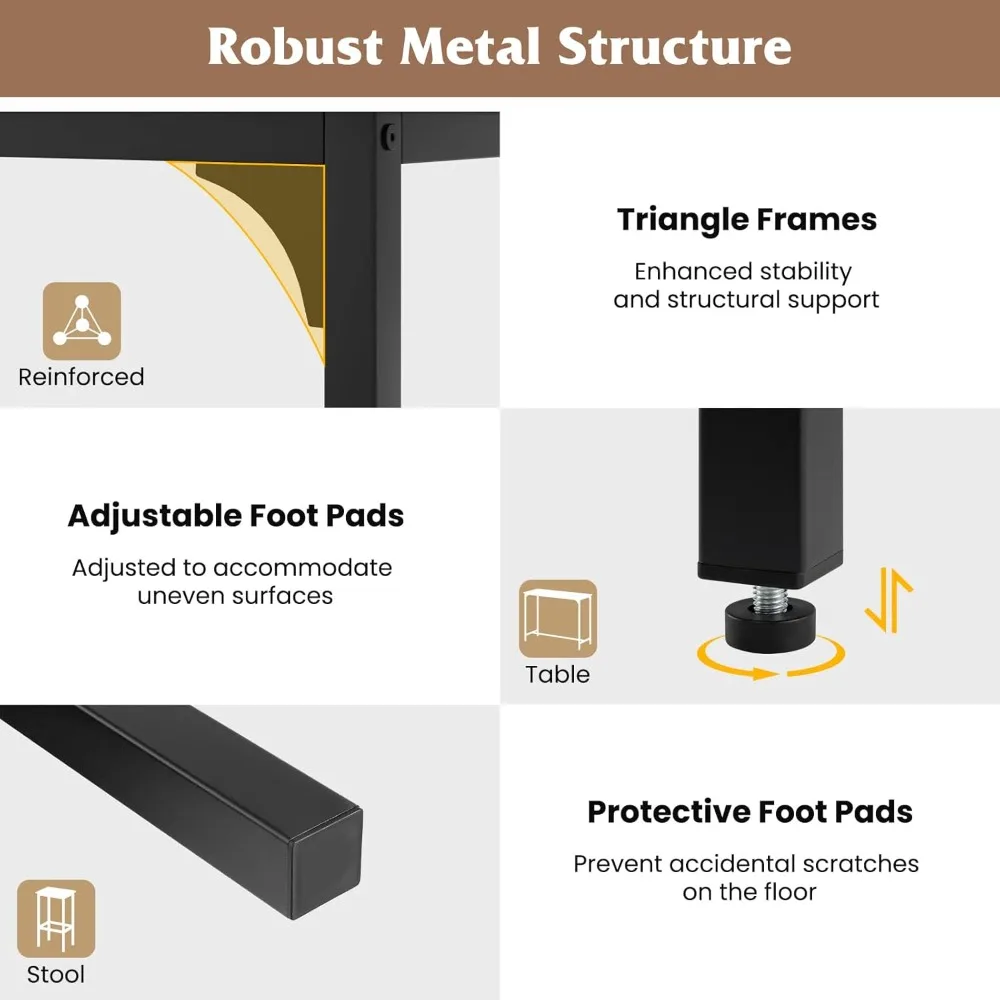 Set Meja Pub Tinggi Bentuk Persegi Panjang dengan 2 Bangku, Rangka Logam, untuk Ruang Sempit