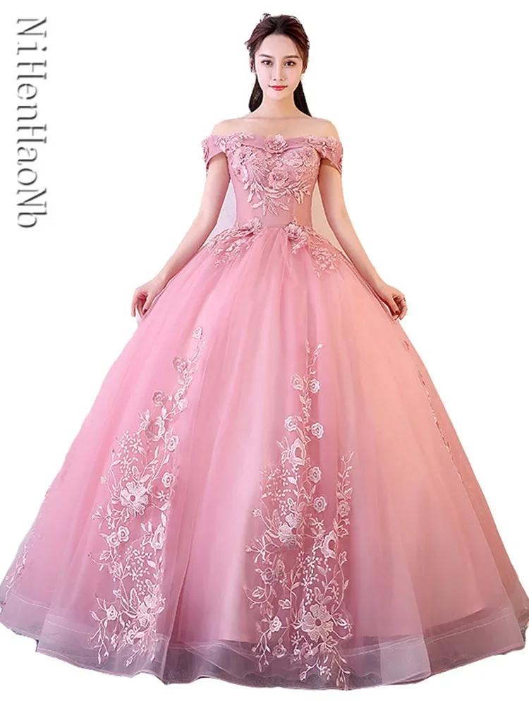 Vestidos De quinceañera con hombros descubiertos, apliques De cuentas, vestido De baile De graduación, Vestidos De baile De Mascarada hinchados, rojo y rosa