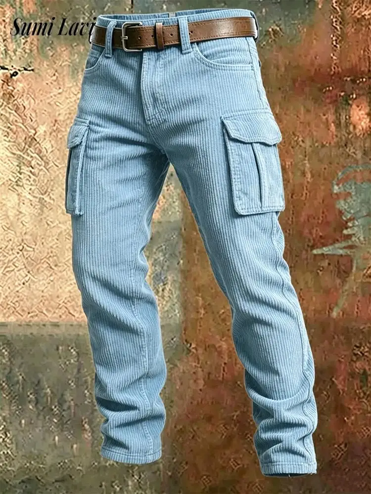 Fashion Mens Corduroy Trousers Fall Winter Solid Color Streetwear Cargo Pants Vintage Loose Work Wear Multiple Pockets Trouser
