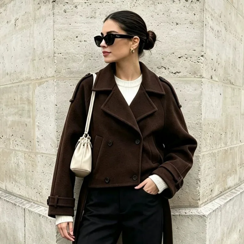 FRAYA LAB Women Short Wool Coat Double Breasted Loose Fit Winter 2026 New Chic Commute Elegant Warm Outerwear Trendy Fashion Top