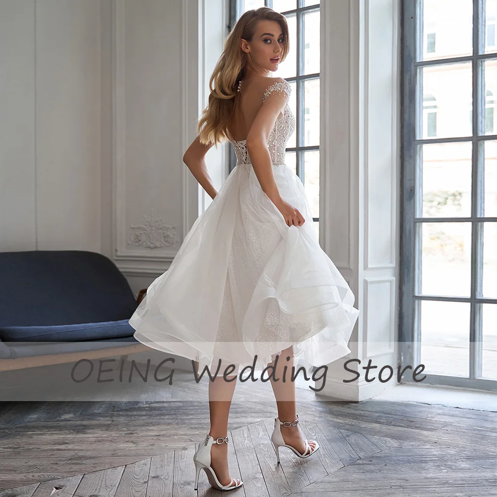 Wedding Dress White A Line Sheet Tulle V Neck Short Wedding Gown 2024 Tea Length Cap Sleeves Luxury Beading Illusion Bridal Gown